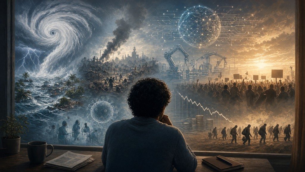 A person at a desk looks out a window at a storm, a virus, a robotic city under a networked globe, a falling chart, and a crowd walking into the sunset.