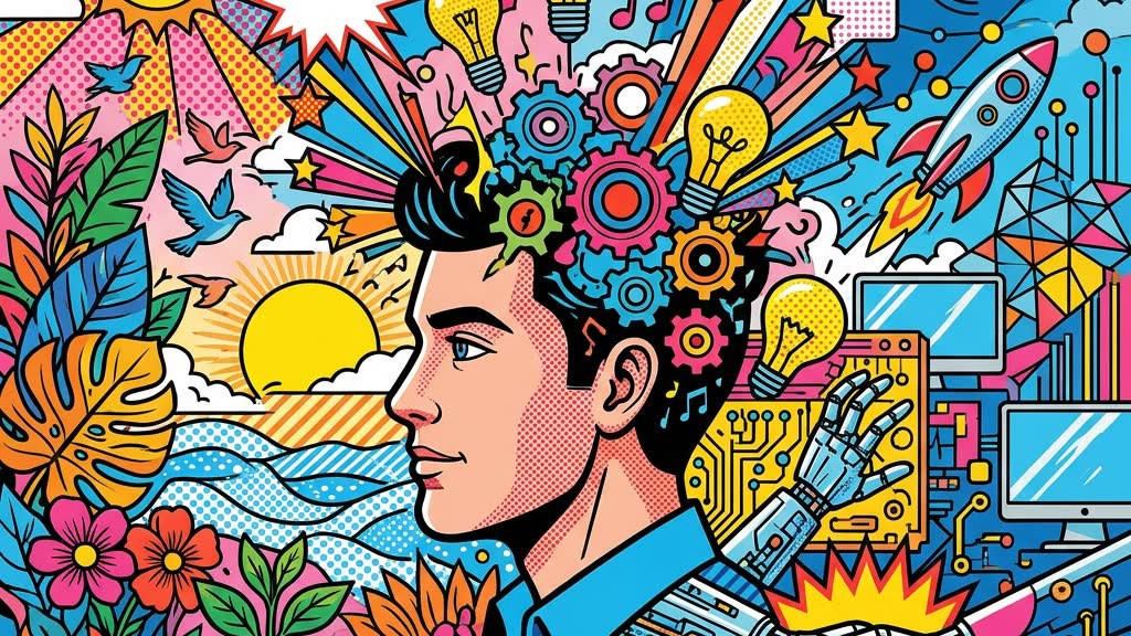 Pop-art illustration of a man in profile with gears, light bulbs, and rockets bursting from his head, a sunset and tropical plants on one side, and circuit boards, screens, and a robot handshake on the other.